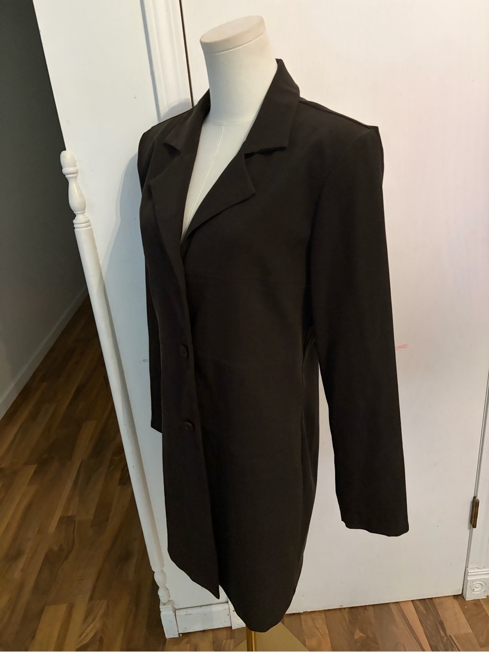 Classic Vintage Women's Light Suede Dark Khaki Long Blazer Jacket Dress, 8, EUC